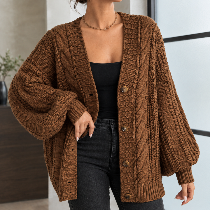 Women's Chunky Cable Knit Oversized V-Neck Cardigan – Euphemia – Caramel – alternate front view
