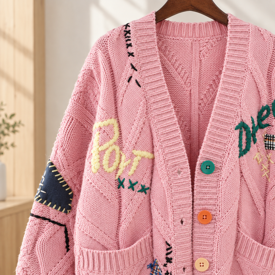 Women's Oversized Chunky Cable Knit Embroidered V-Neck Cardigan – Mabyn – Pink – close-up of embroidery and buttons