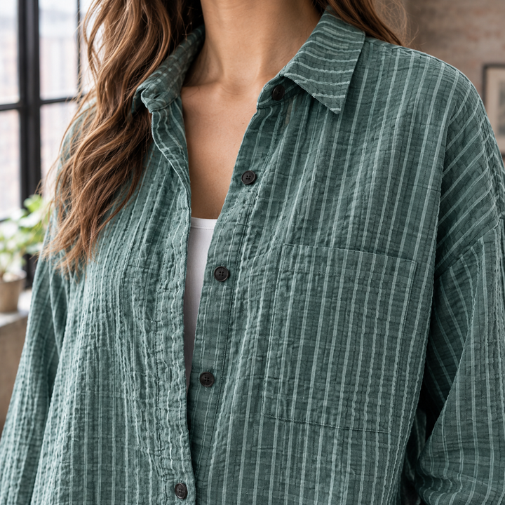 Women's Striped Longline Oversized Button-Up Shirt Leontine – Green – fabric detail