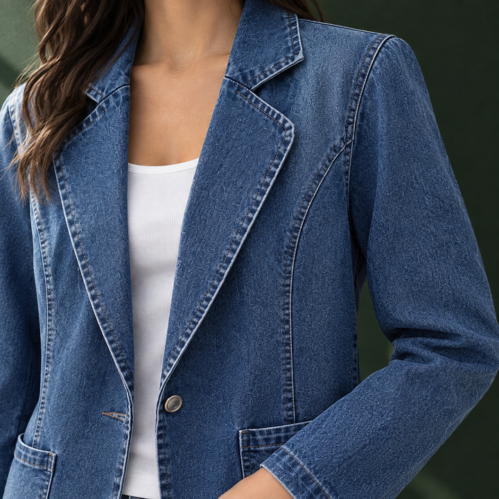 Cawdor women's denim jacket in Blue – lapel and button detail