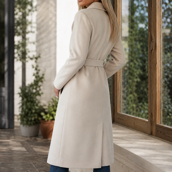 Lymington women's belted overcoat in Beige – back view