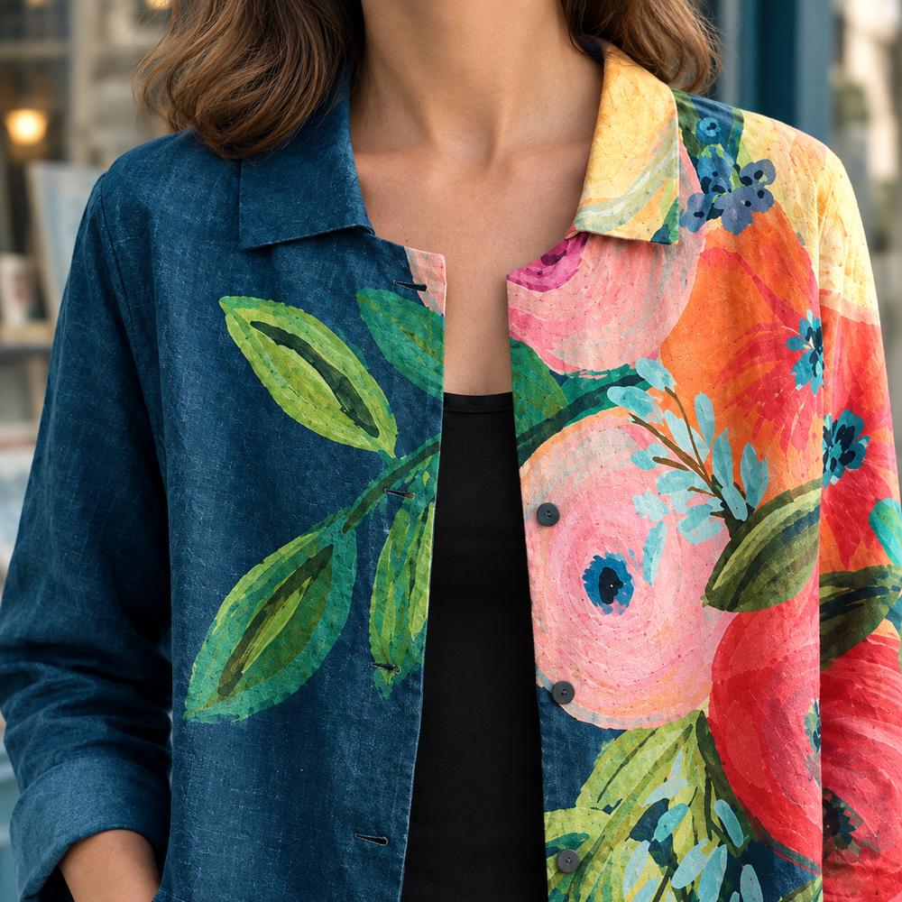 Women's Painterly Floral Print Denim Shirt April – Denim Floral – close-up