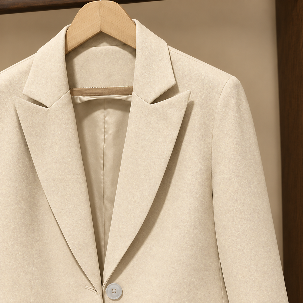 Windsor women's tailored blazer in Ivory – lapel and single-button close-up