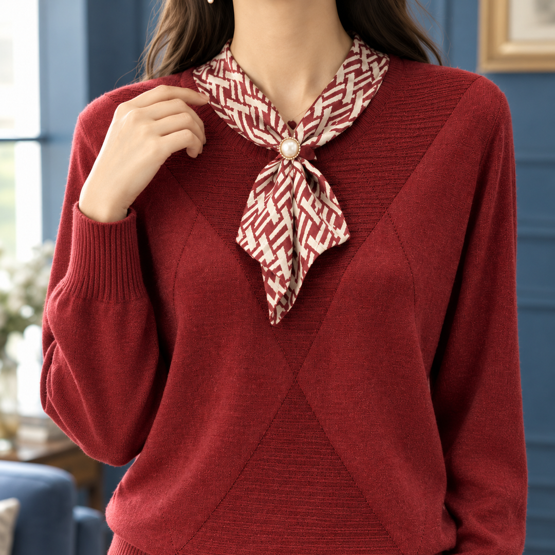 Women's Fine Knit Jumper with Scarf Neck Tie – Marcelle – Red – detail view