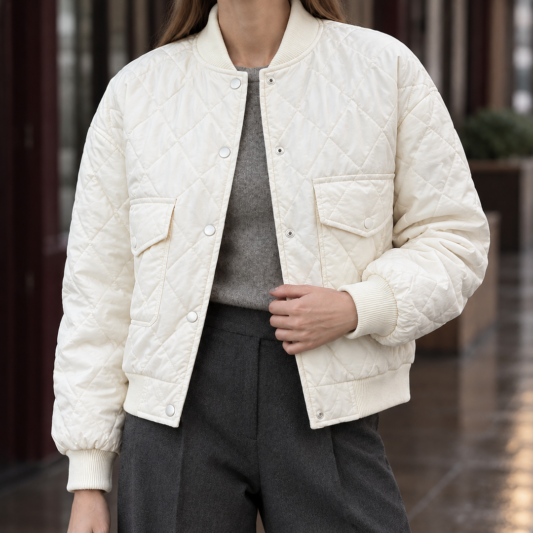 Charlbury women's quilted bomber jacket in Ivory – close-up front view