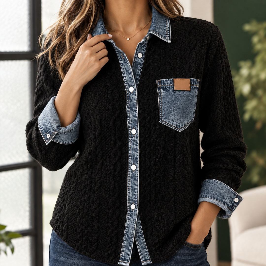 Women's Cable Knit Shacket with Denim Trim Sunniva – Black – front alternate