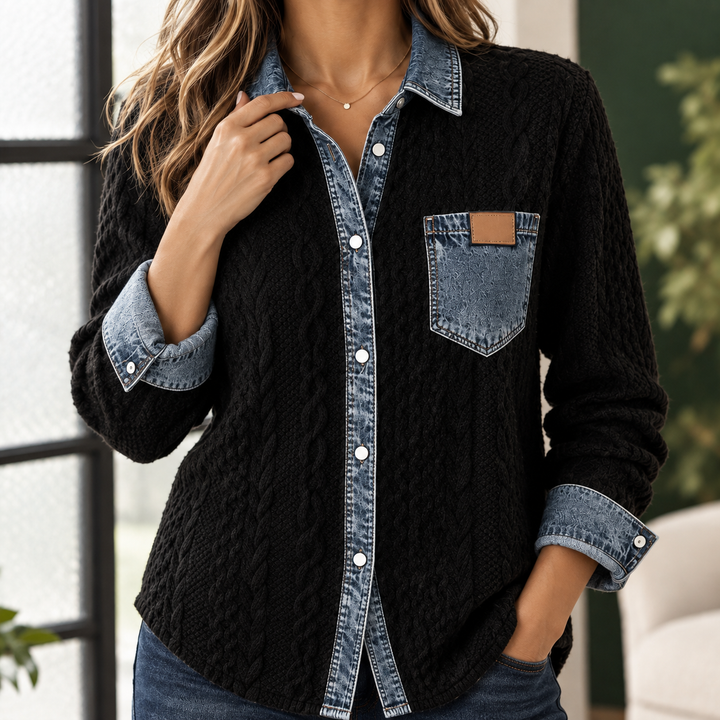 Women's Cable Knit Shacket with Denim Trim Sunniva – Black – front alternate