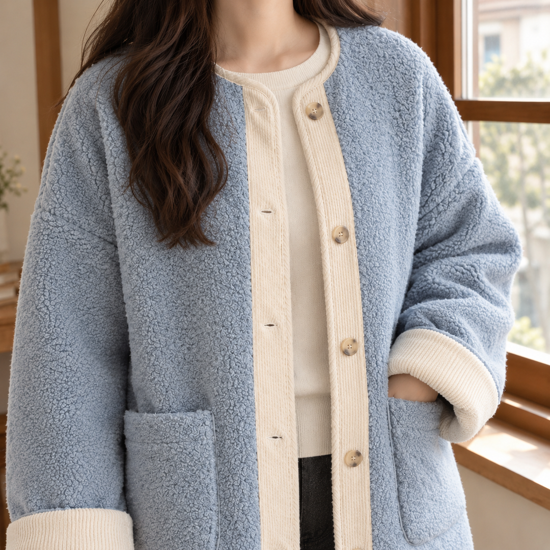 Chobham women's teddy jacket in Powder Blue – close-up front view of trim and pockets