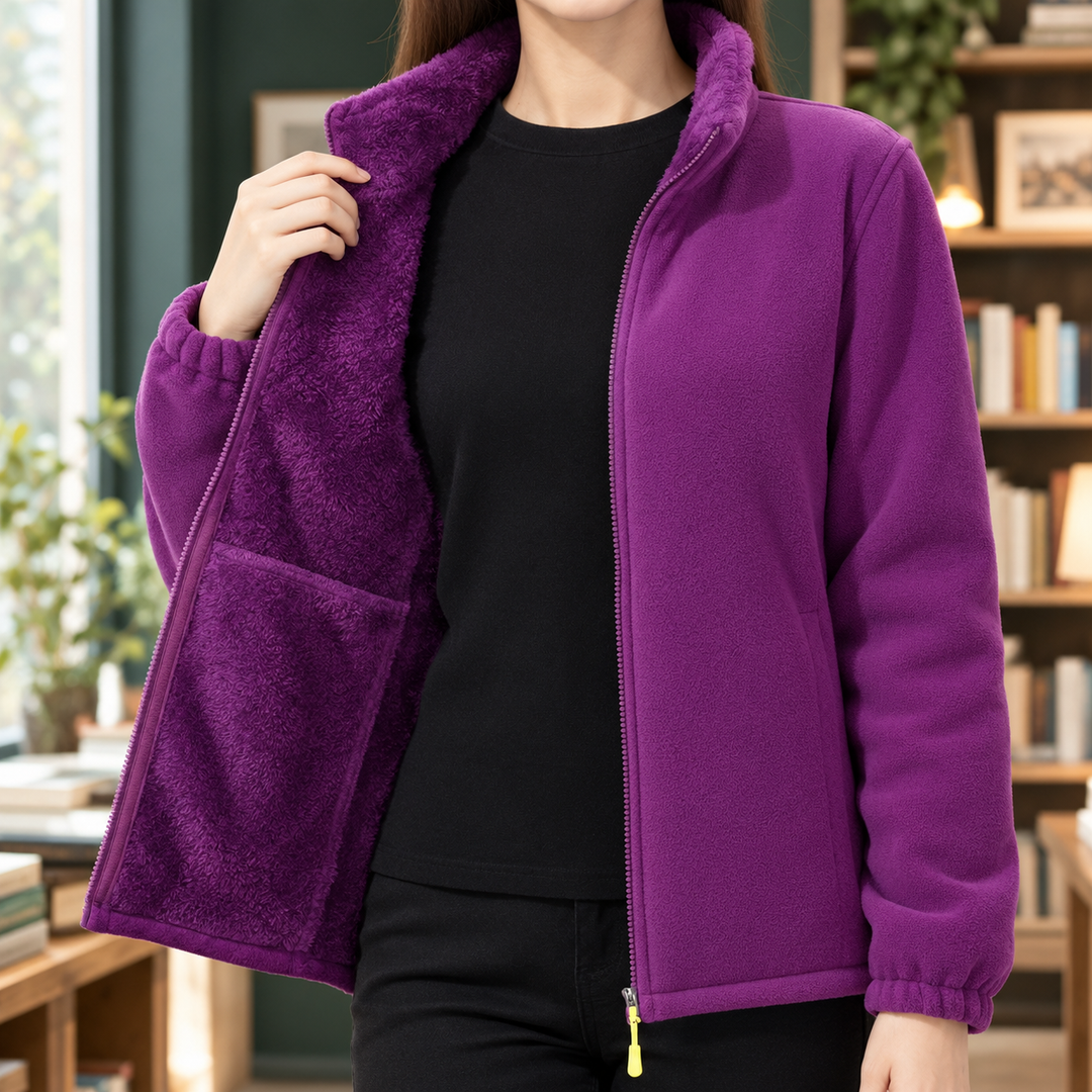 Totnes women's fleece jacket in Purple – plush lining and pocket detail