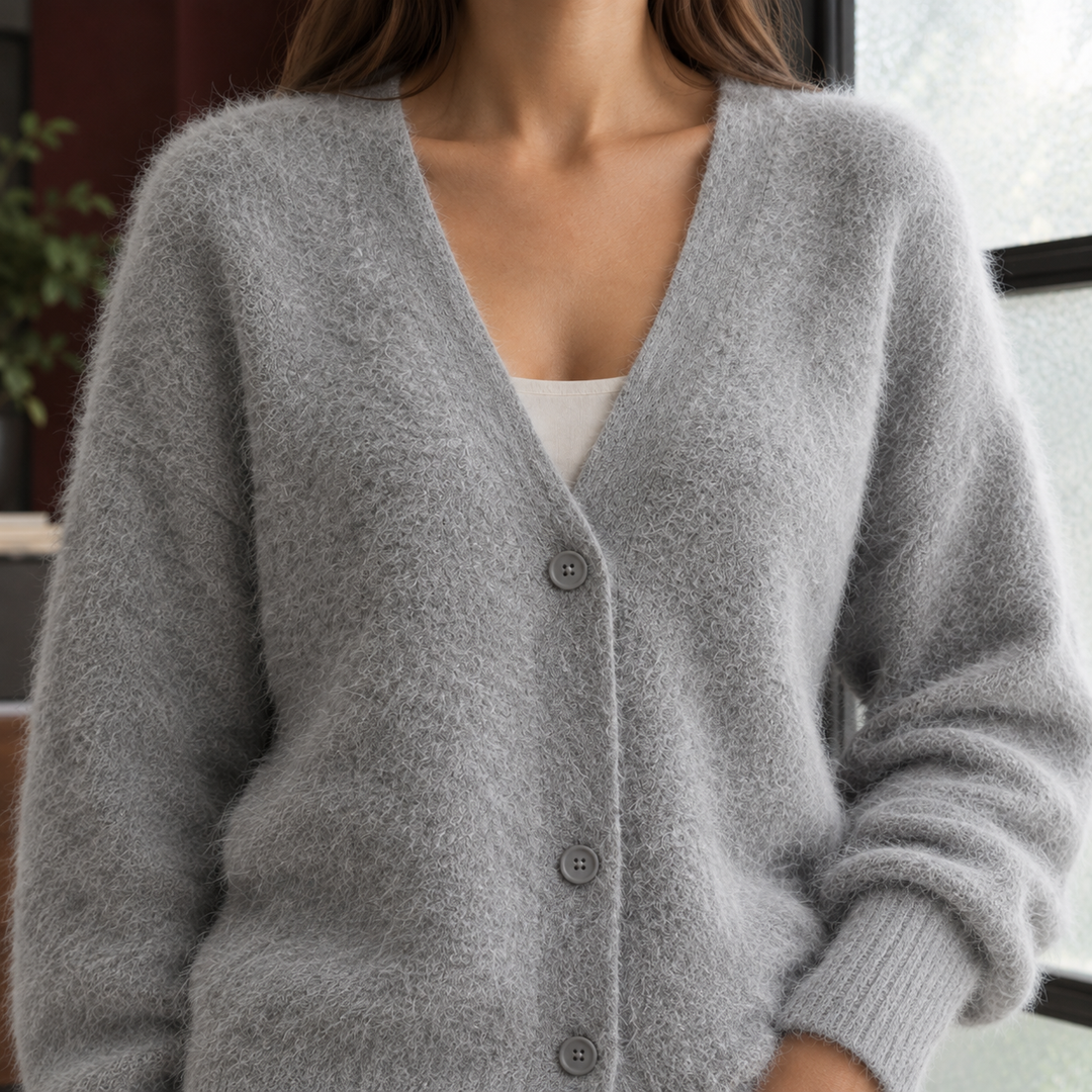 Women's Oversized Fluffy Wool-Blend V-Neck Cardigan – Georgette – Grey – alternate front view
