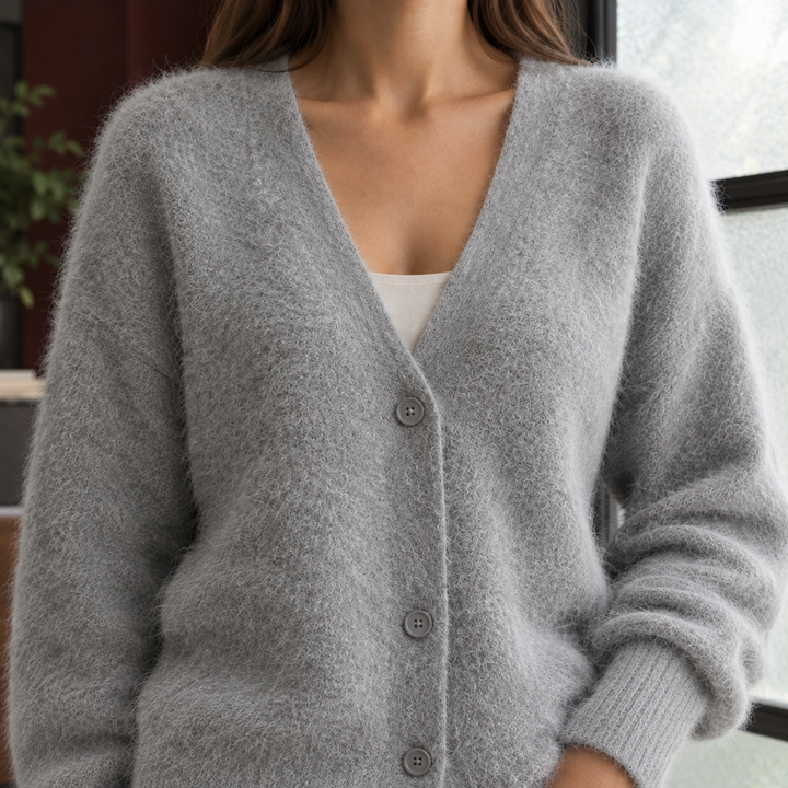 Women's Oversized Fluffy Wool-Blend V-Neck Cardigan – Georgette – Grey – alternate front view