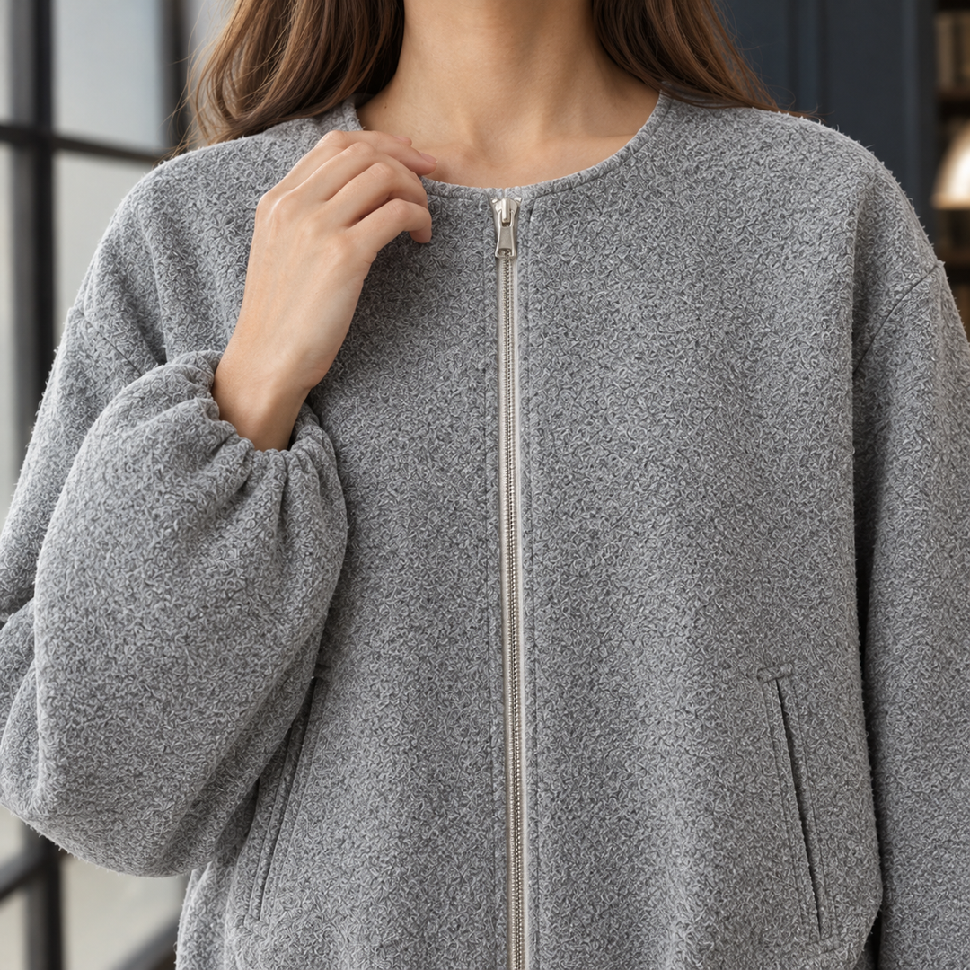 Shoreditch women's balloon sleeve jacket in Grey – zip and sleeve close-up