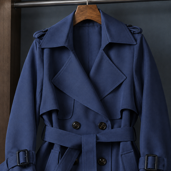 Romsey women's trench coat in Cobalt – close-up front view of lapels and belt