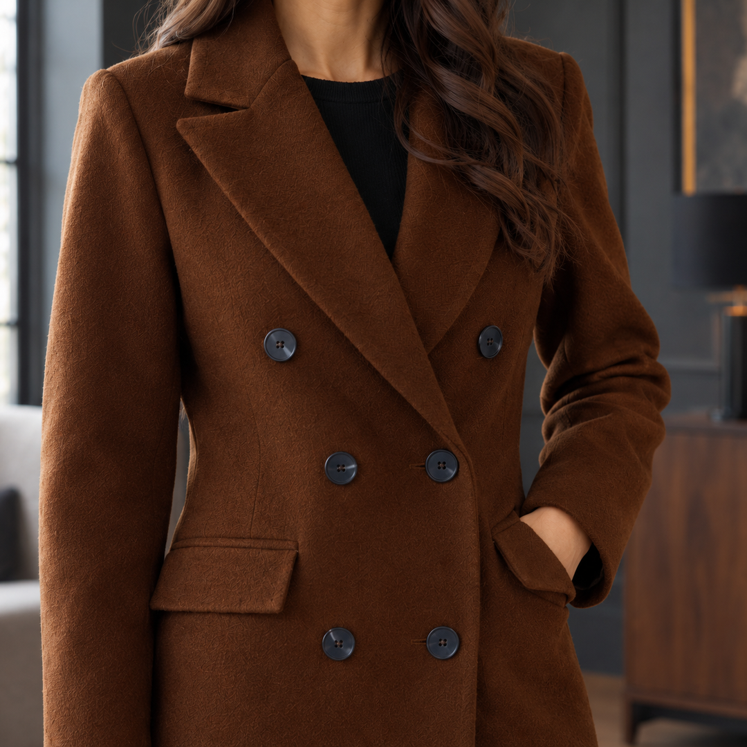Dunbar women's soft-touch overcoat in Dark Brown – close-up front view