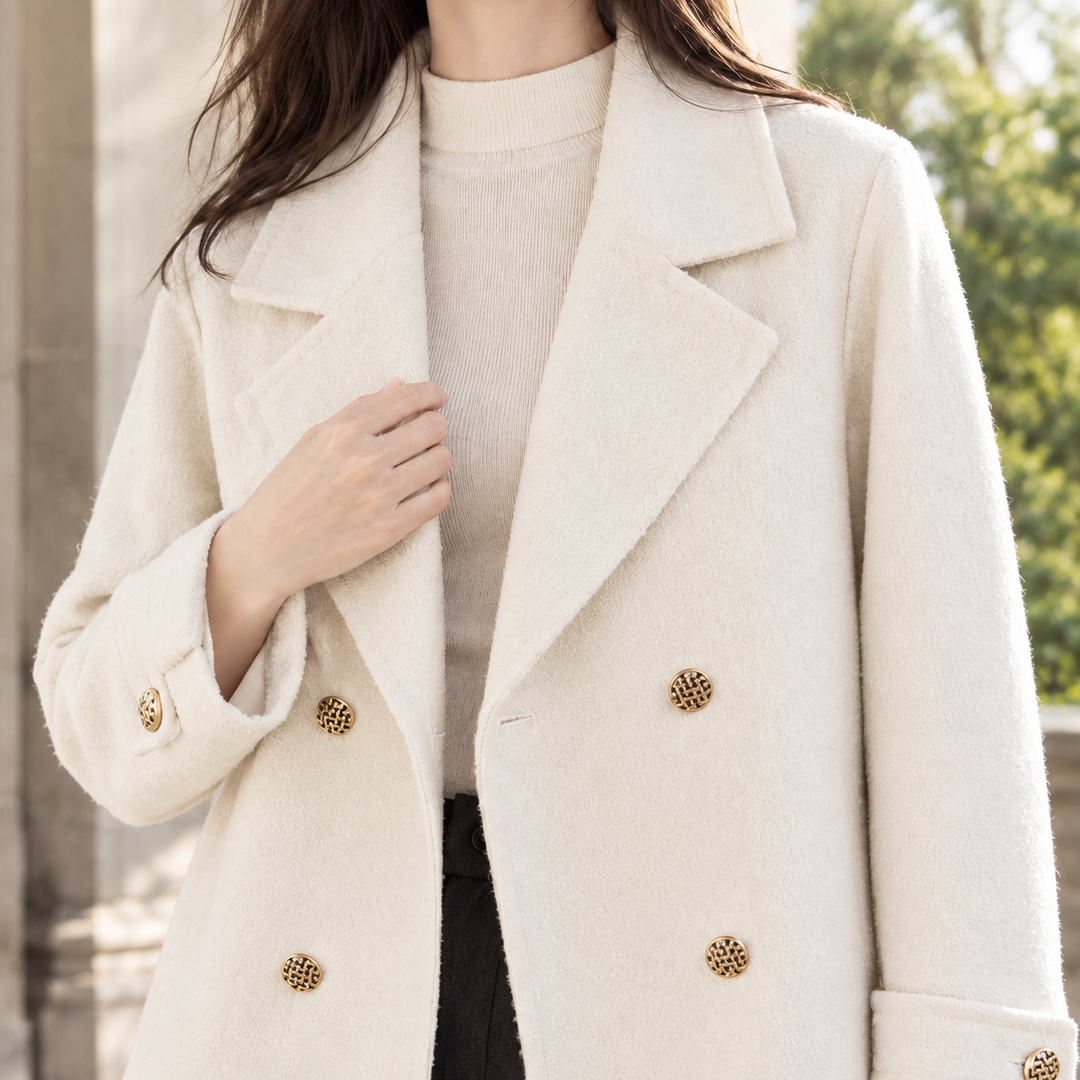 Sonning women's cropped jacket in Cream – close-up front view of lapels and buttons