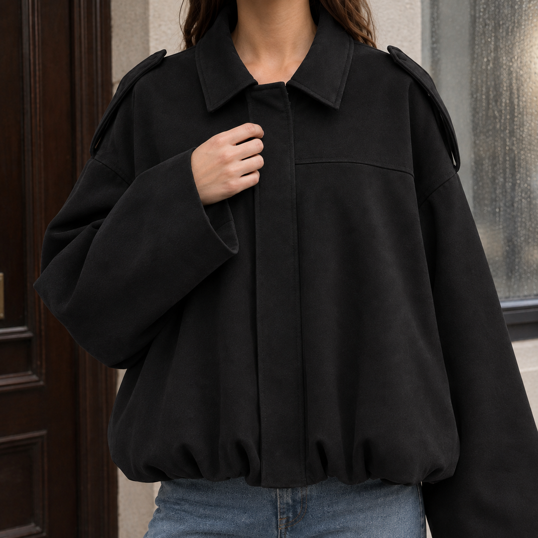 Lamberhurst women's suede-effect bomber jacket in Black – close-up front view