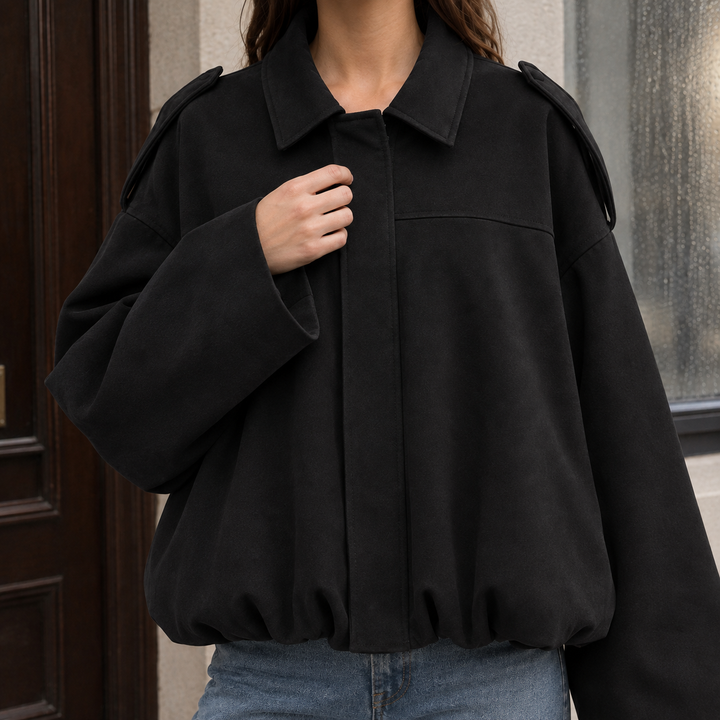 Lamberhurst women's suede-effect bomber jacket in Black – close-up front view
