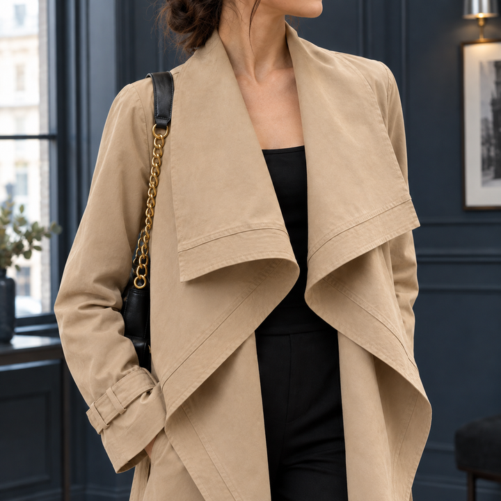 Bridport women's waterfall draped jacket in Beige – close-up of lapels