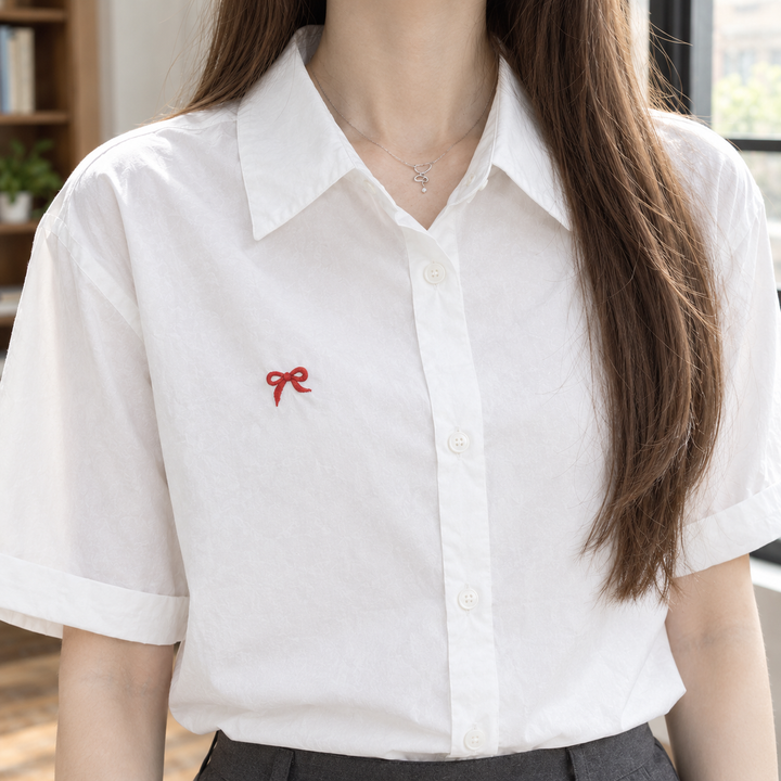 Women's Bow Embroidered Short Sleeve Shirt Honora – White – close-up