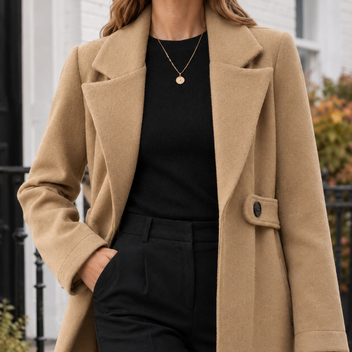 Strathearn women's longline coat in Camel – close-up front view of lapels and waist tab