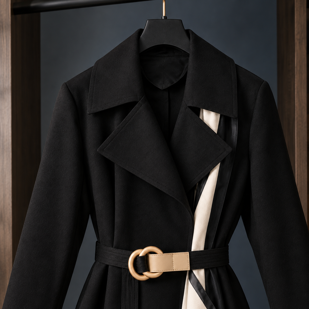 Blandford women's belted overcoat in Black – close-up of lapels and belt