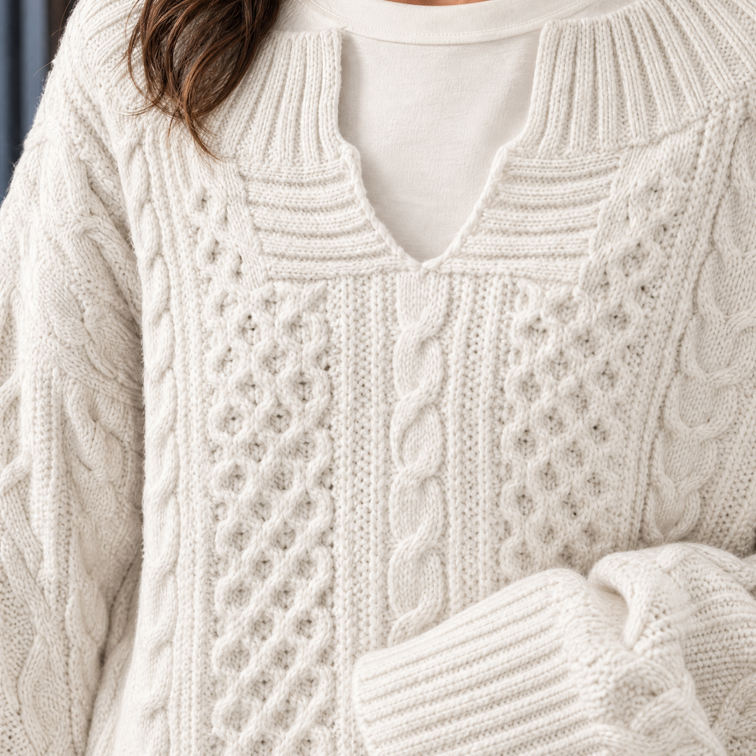 Women's Oversized Cable Knit Split Neck Jumper – Rhona – Ivory – detail view