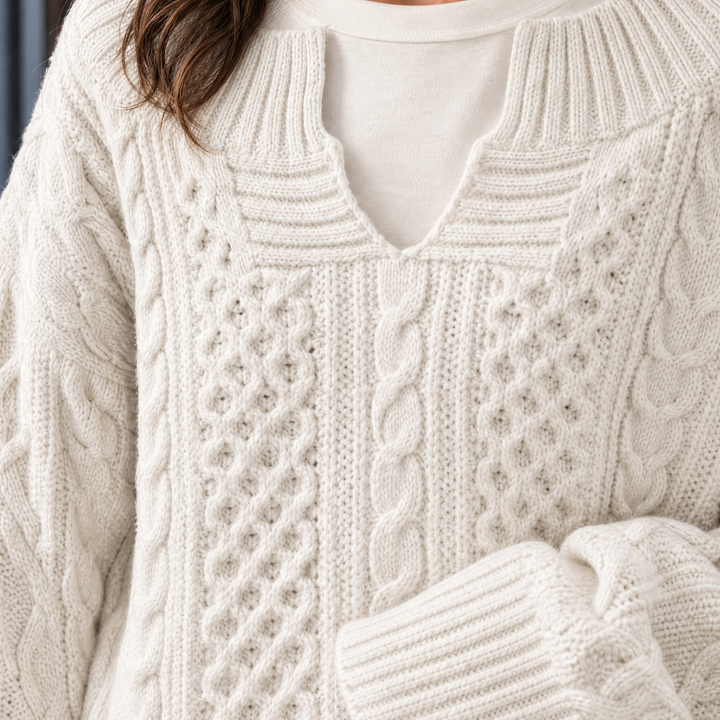 Women's Oversized Cable Knit Split Neck Jumper – Rhona – Ivory – detail view