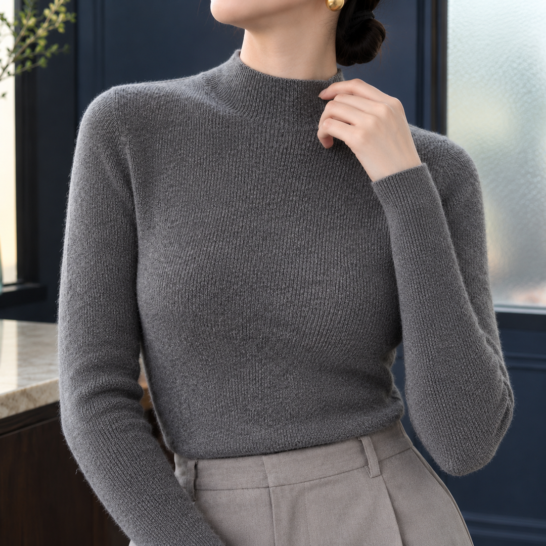 Cassandra - Women's mock neck jumper in Grey – close-up view