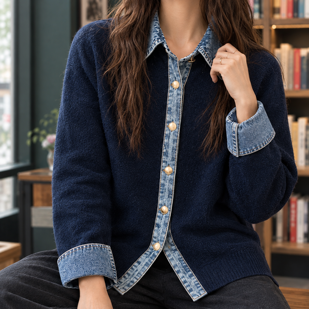 Women's Denim Trim Collared Button-Through Cardigan – Elinor – Navy – alternate front view