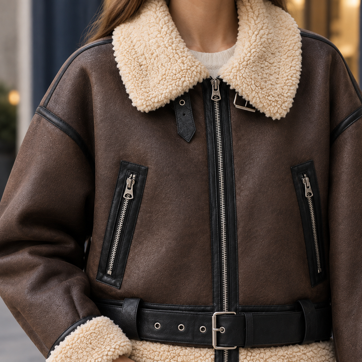 Caldbeck women's leather-look aviator jacket in Chocolate – close-up of collar and zip