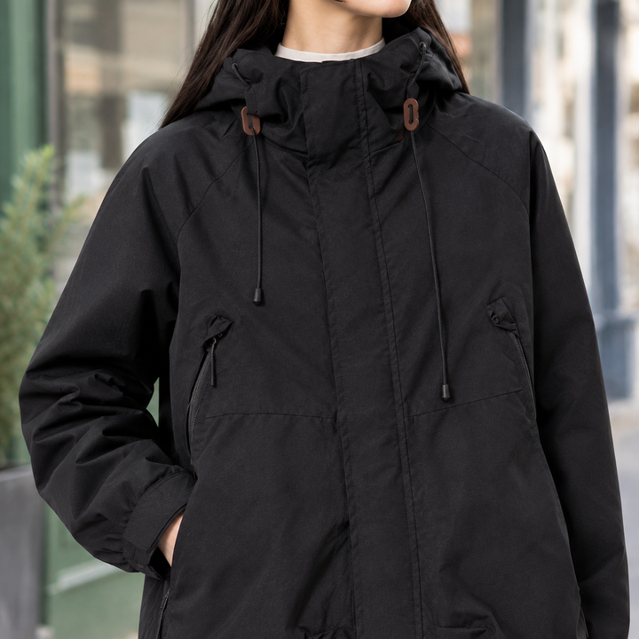 Women's Hooded Utility Jacket with Drawcord Hood – Ulverston – Black – hood and pocket detail view