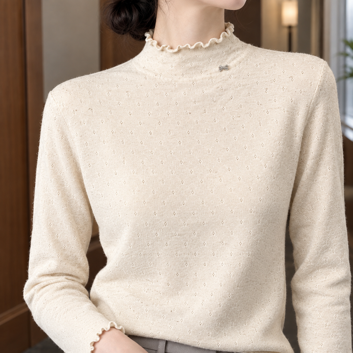 Women's Pointelle Mock Neck Jumper with Lettuce Edge Trim – Ishbel – Cream – detail view