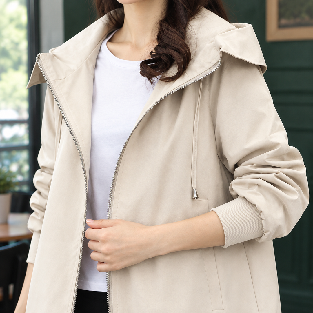 Silverdale women's hooded jacket in Ivory – close-up front view of hood and zip