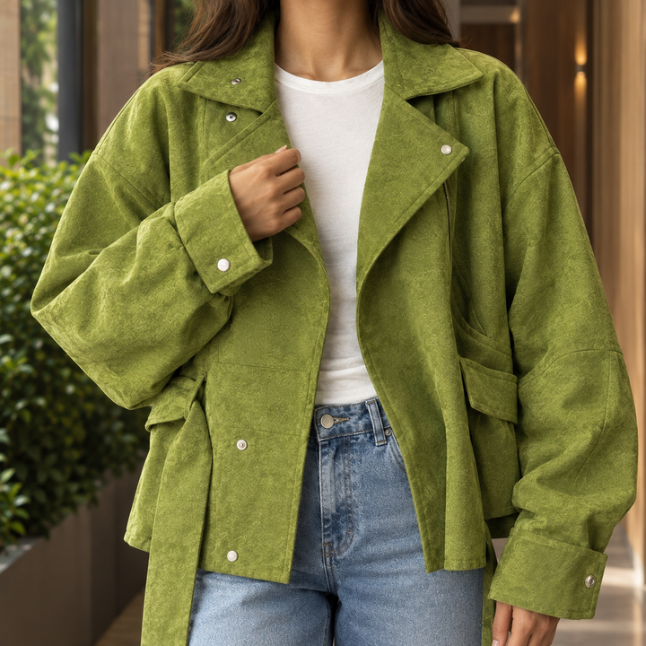 Rosedale women's biker jacket in Moss Green – close-up front view of lapels and snaps