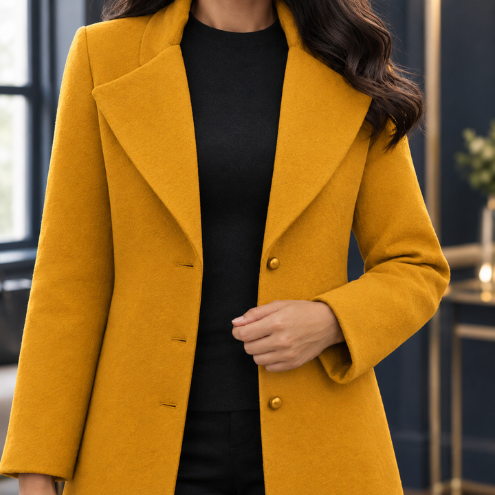 Ringwood women's tailored coat in Mustard – close-up front view of lapels and buttons