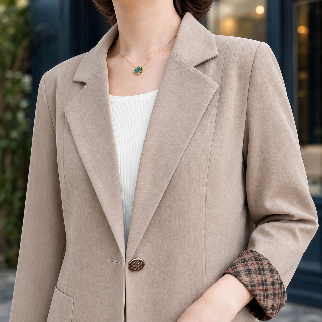 Witney women's tailored blazer in Stone – lapel, button and turned-back cuff close-up