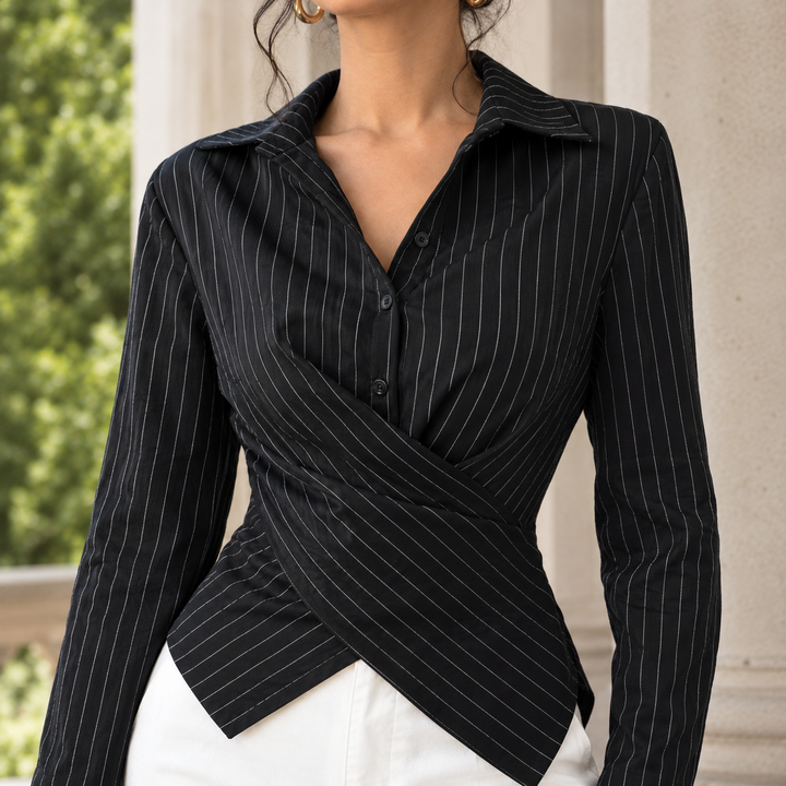 Women's Pinstripe Wrap Front Fitted Shirt Carinne – Black Pinstripe – detail