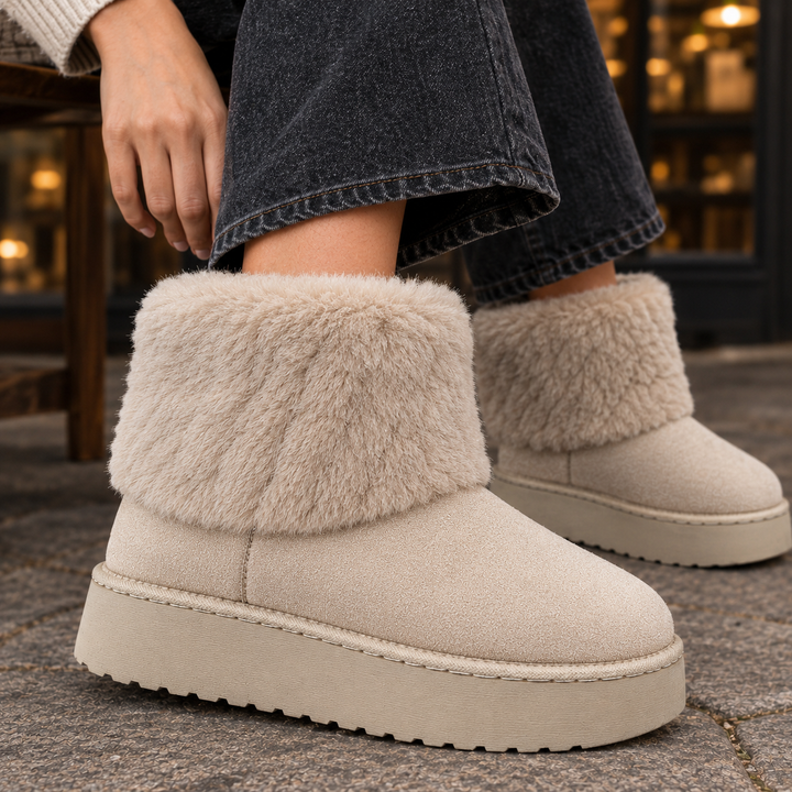 Langdale women's plush cuff platform ankle boots in Stone – detail view