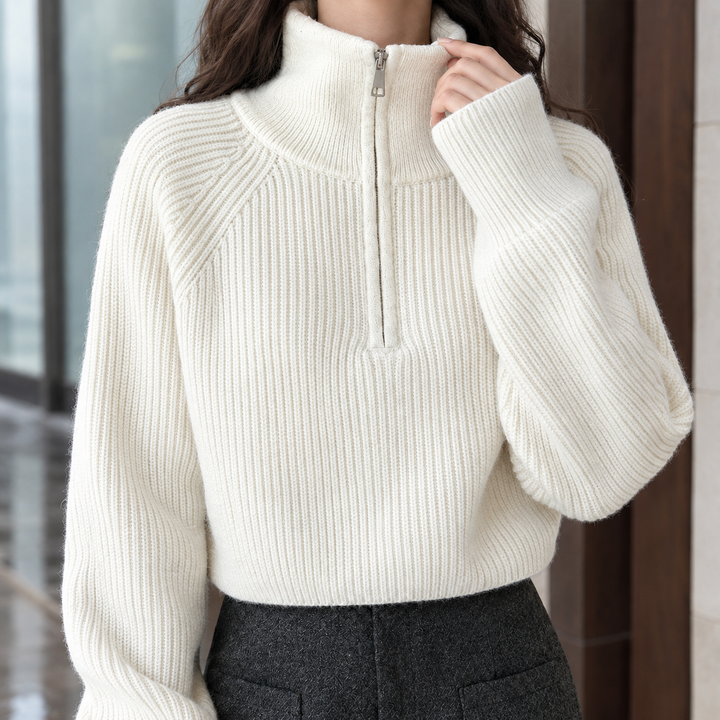 Women's Cropped Ribbed Half-Zip Jumper – Tegwen – Cream – close-up view