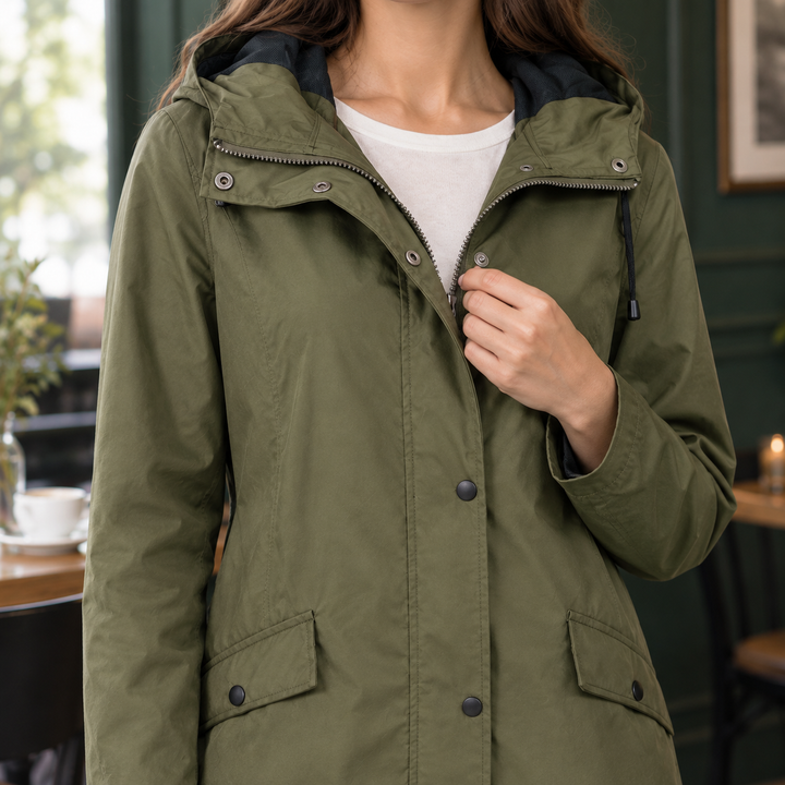 Whitstable women's hooded jacket in Khaki – close-up front view