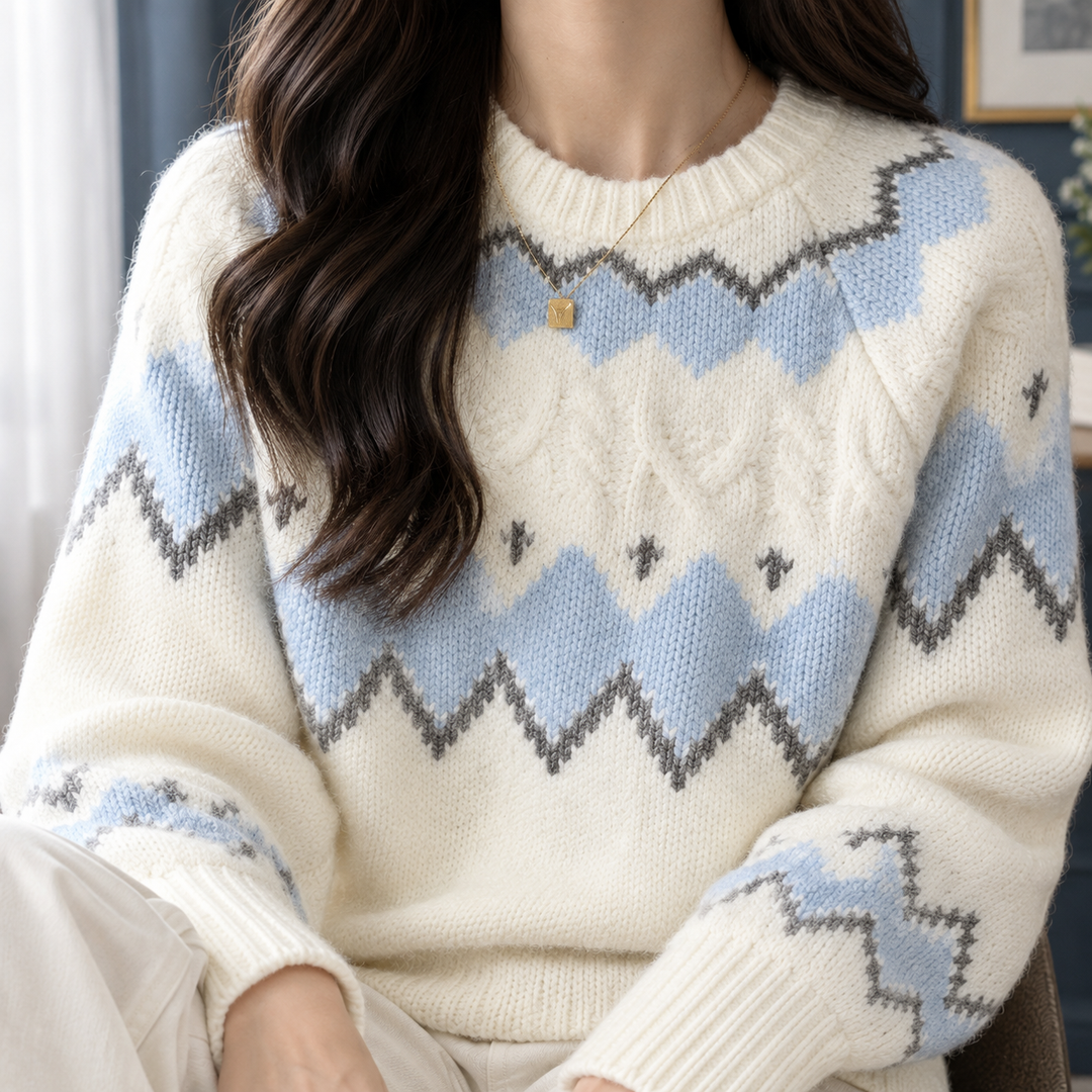 Eunice - Women's Fair Isle jumper in Light Blue – close-up view
