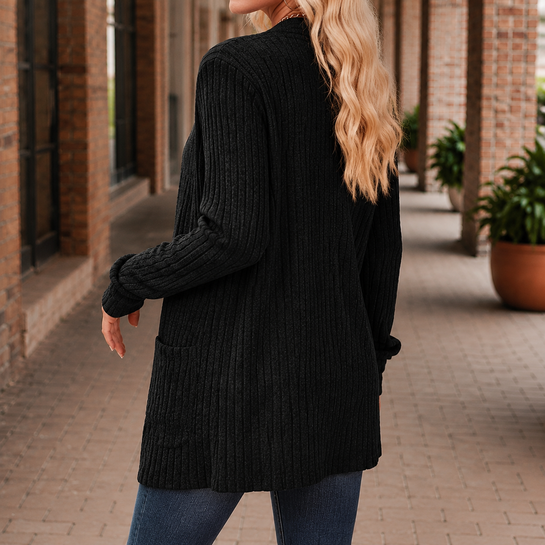 Women's Ribbed Open-Front Cardigan with Pockets – Angharad – Black – back view