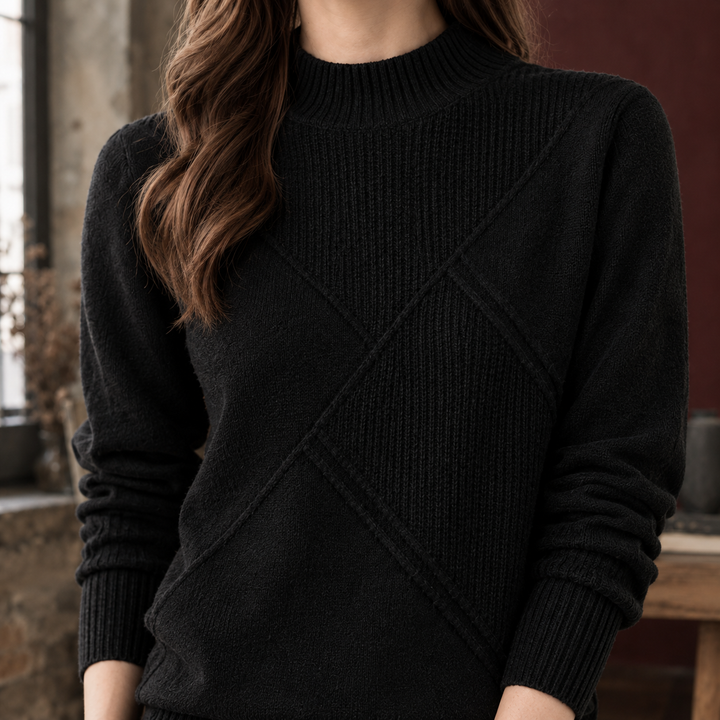 Women's Wool Blend Mock Neck Jumper with Geometric Rib Detail – Rhoswen – Black – close-up front view