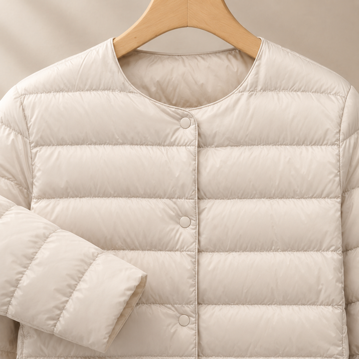 Women's Collarless Lightweight Quilted Jacket with Snap Front – Clitheroe – Ivory – neckline detail view