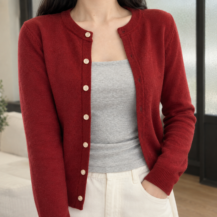 Women's Slim Fine Knit Crew Neck Button-Through Cardigan – Judith – Red – alternate front view