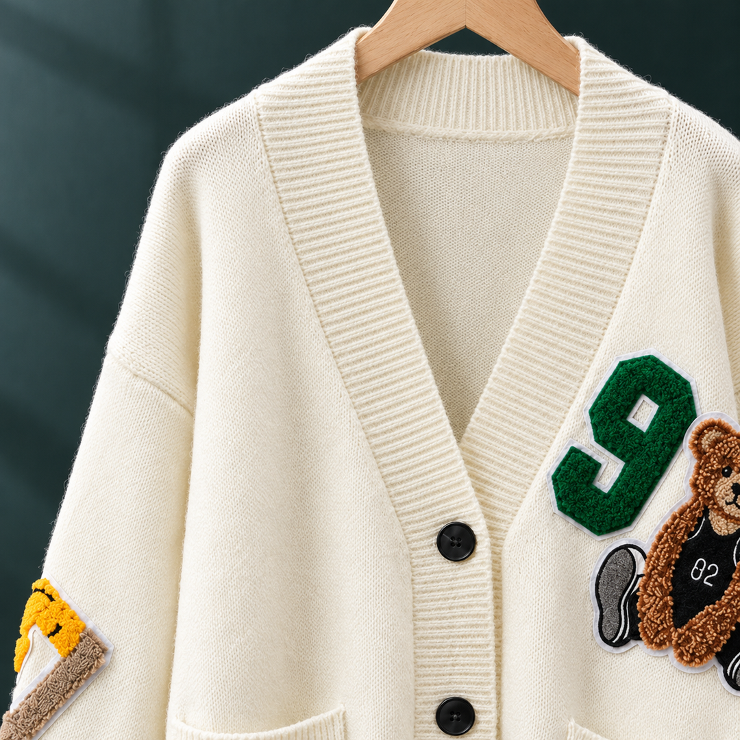 Robyn - Women's bear appliqué cardigan in Ivory – close-up of neckline and appliqué