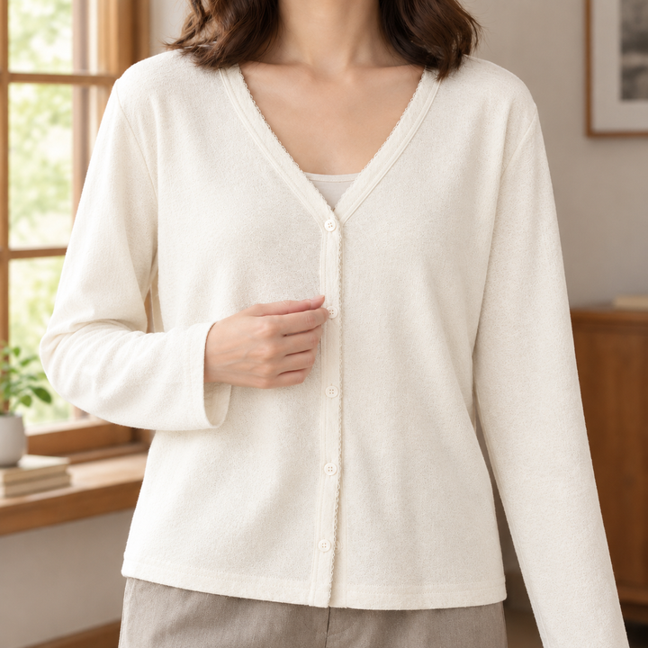 Women's Lightweight V-Neck Button-Through Cardigan – Sidony – Soft White – close-up of neckline and button front
