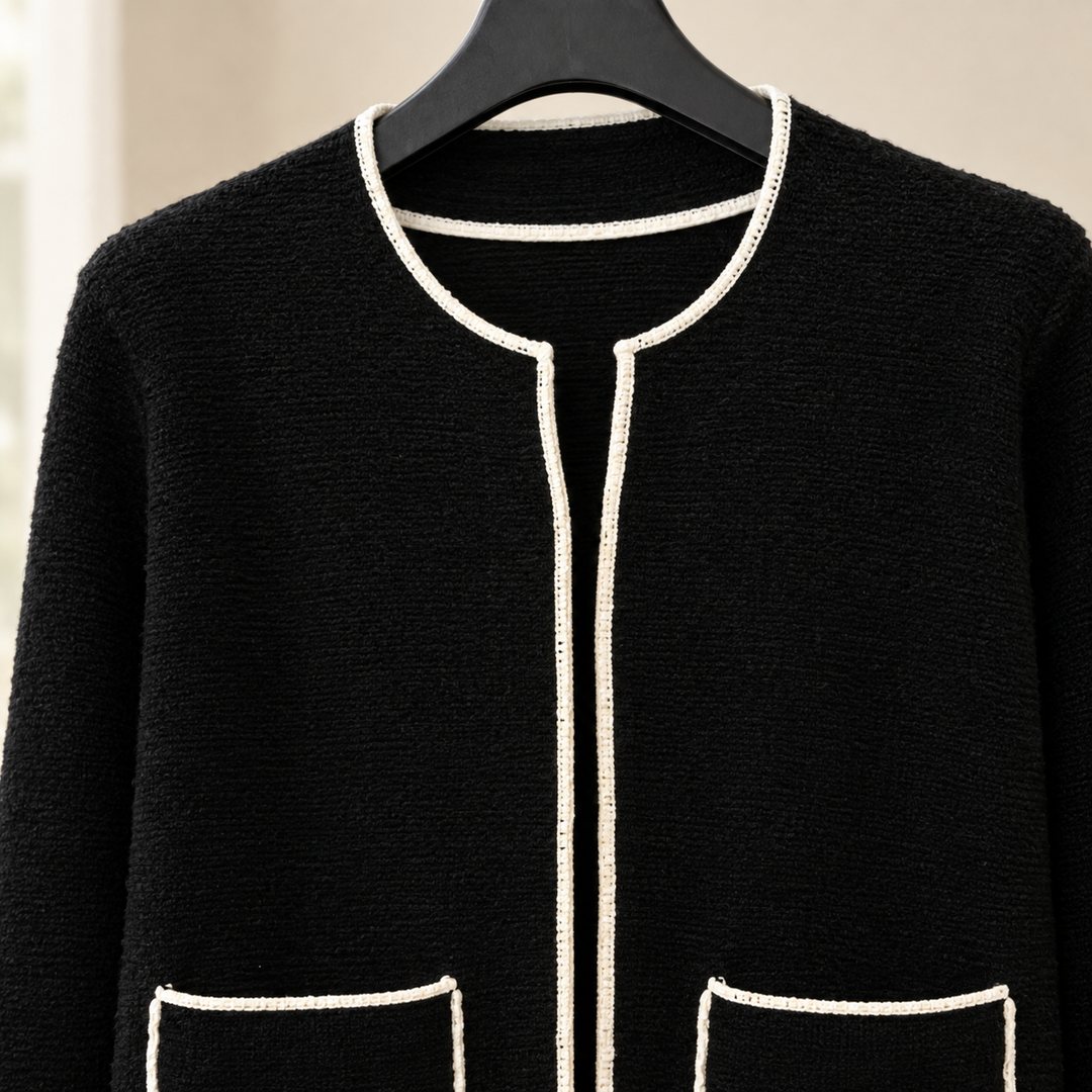 Women's collarless contrast trim cardigan Maureen in Black – close-up of trim