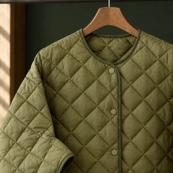 Chalfont women's quilted jacket in Moss Green – neckline and snap detail