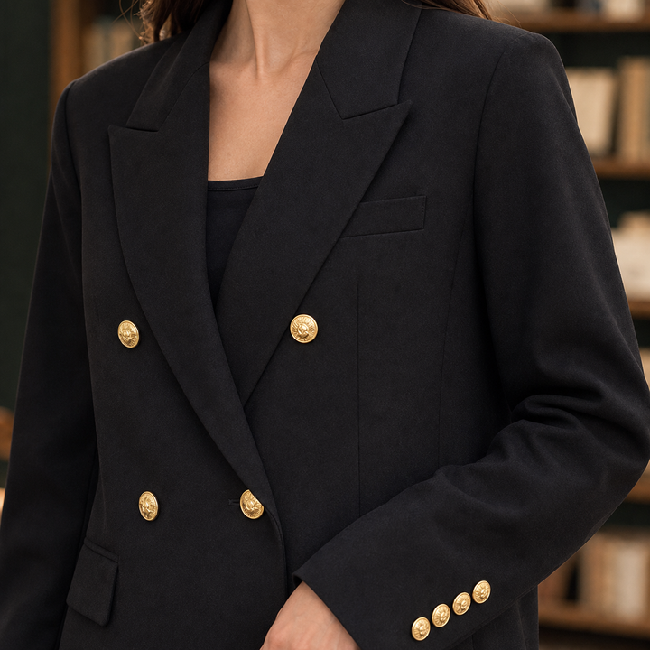 Rye women's double-breasted blazer in Black – gold-tone button close-up